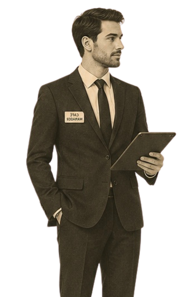 Hospitality manager reviewing staff on a tablet